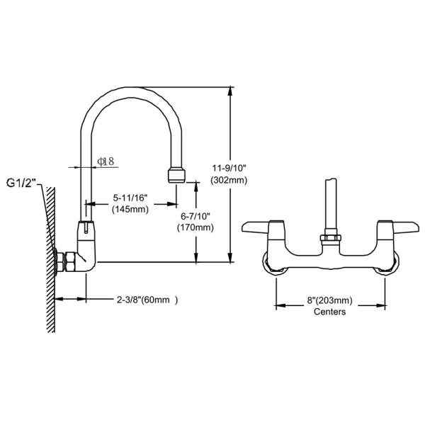 8'' (203mm) Center Wall Mounted Faucet With 5 11/16'' Swivel Gooseneck