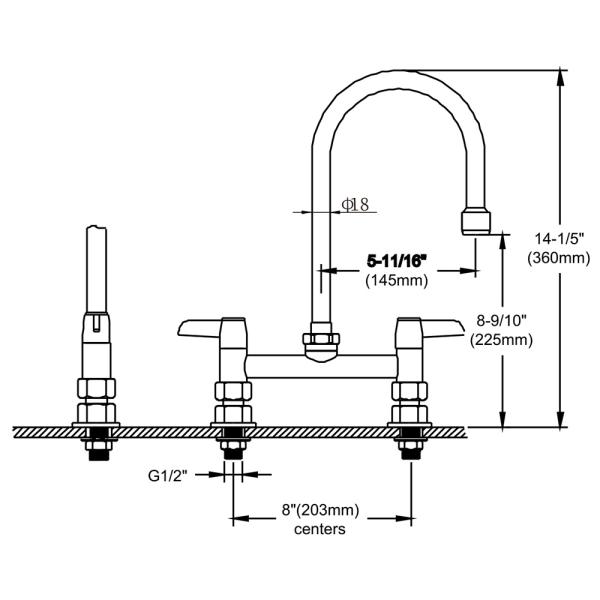 8'' (203mm) Center Wall Mounted Faucet With 5 11/16'' Swivel Gooseneck