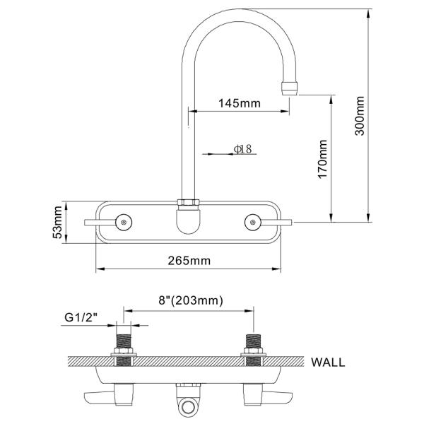 8'' (203mm) Center Wall Mounted Faucet With 5 11/16'' Swivel Gooseneck